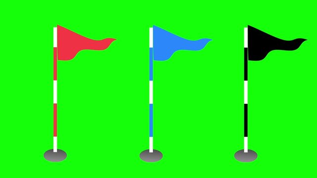 Three golf flags in red, blue, and black waving seamlessly on a green screen key background.