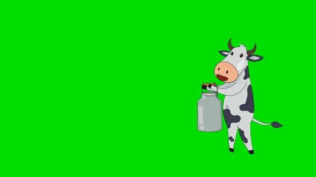 A 2d animation cartoon happy dairy cow standing and holding a large metallic milk canister animation cartoon on green screen chromakey. excellent premium  clip choice for digital content