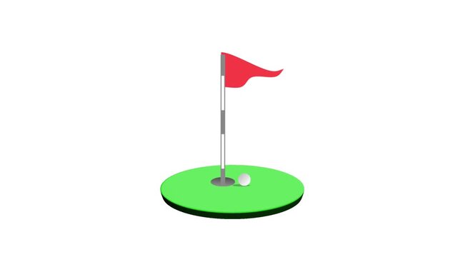 Red golf flag waving on a green putting turf with a white golf ball isolated on a plain white background.