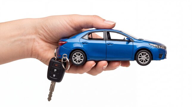 Hand holding small blue toy car and metal keys for new vehicle purchase on white background