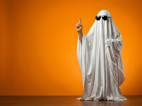 Ghost making peace sign on orange background