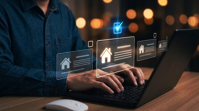 Online Real Estate Search: Man Typing on Laptop with Virtual Property Listing Cards