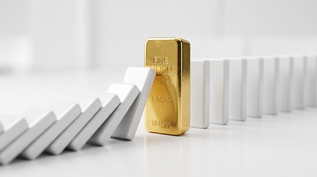 Gold bar stopping falling dominoes, financial stability concept with gold bullion, precious metal protecting investment assets