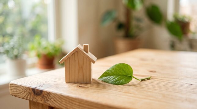 Eco-friendly wooden house model on natural timber table, sustainable housing concept, green living and real estate investment