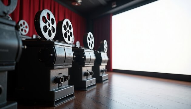 film projector row of vintage film projector machines facing large blank projection screen in dark cinema booth, film reels stacked on top, industrial metal casings on wooden floor,