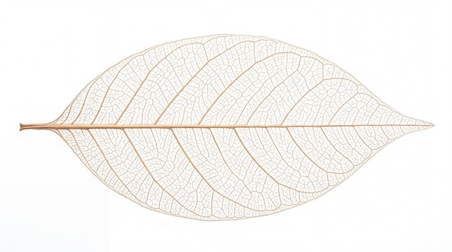 Delicate brown skeleton leaf showcasing intricate vascular system patterns centered perfectly placed on white background
