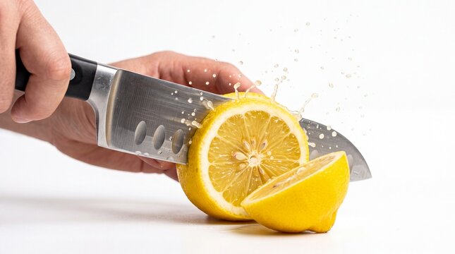 Sharp metal knife slicing fresh yellow lemon with splashing juice in studio setting on white background