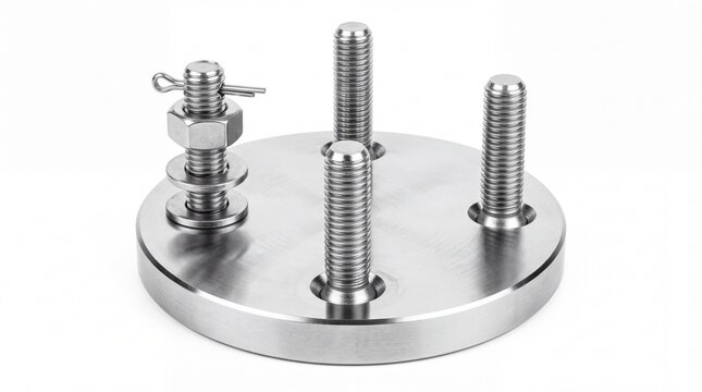 Industrial steel flange component featuring three threaded bolts and a secured nut on white background