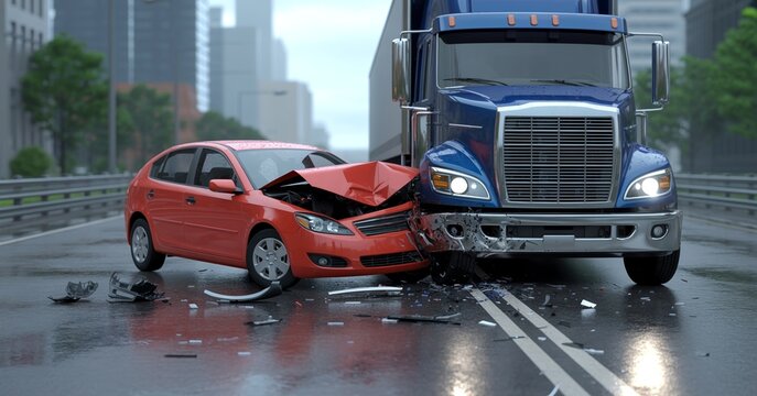 A severe road accident involving a red passenger sedan and a large semi truck on a rainy city street during the daytime