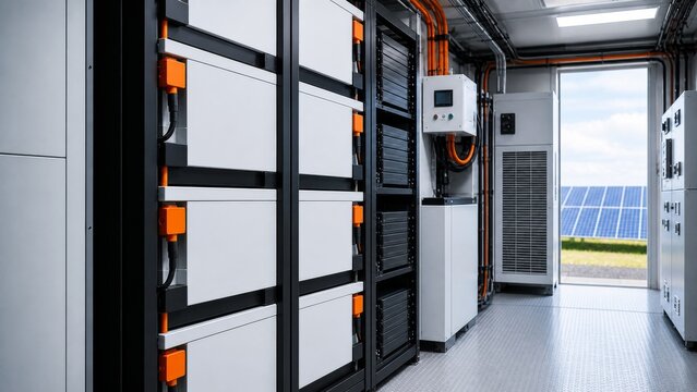 Interior battery storage room with modular energy cabinets and solar panels visible outside