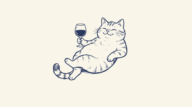 Fat cat lying down and holding a glass of red wine in a hand drawn doodle style Vector
