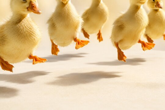 Cute Ducklings Jumping with Orange Feet on Bright Background