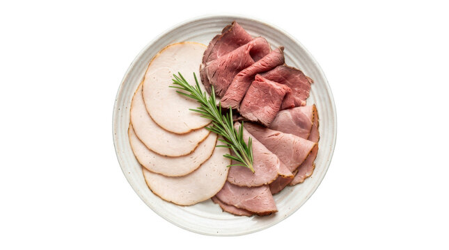 Assorted deli meat platter with turkey and roast beef slices isolated on transparent background
