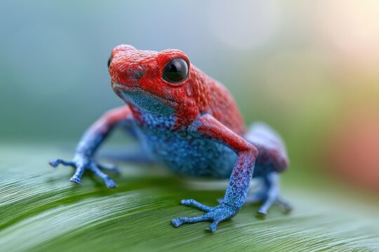 Vibrant red and blue frog perches on lush green leaf