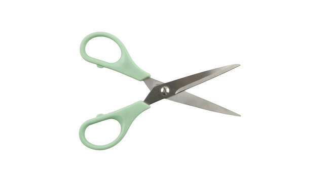 Pair of light green scissors with sharp stainless steel blades isolated on a black background