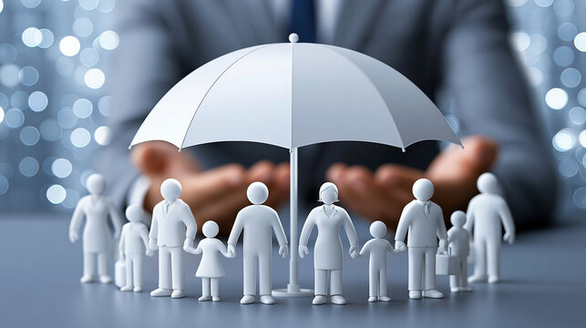 Miniaturfamilie unter Regenschirm, H&auml;nde - Businessmann h&auml;lt Regenschirm sch&uuml;tzend &uuml;ber kleine Familienfiguren