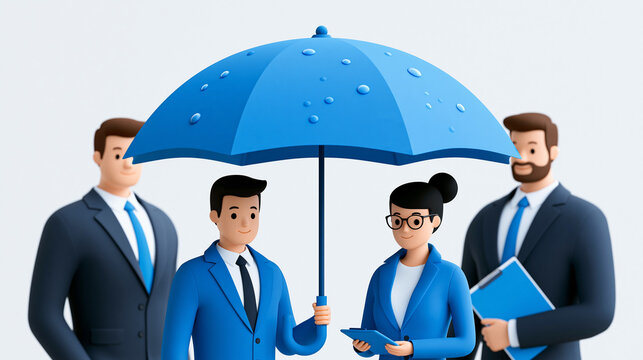 Vierk&ouml;pfiges Business-Team steht gemeinsam unter gro&szlig;em blauem Schirm