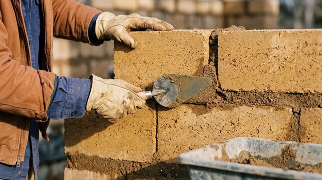 Gloved hands apply earthen mortar to a compressed block wall