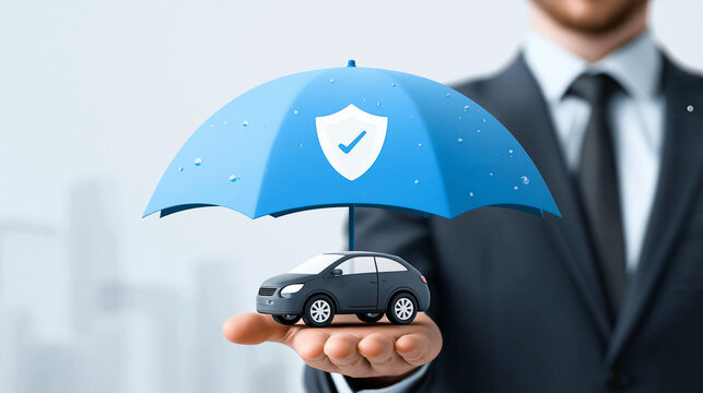 Gesch&auml;ftsmann h&auml;lt Spielzeugauto in Hand unter Regenschirm mit Symbol