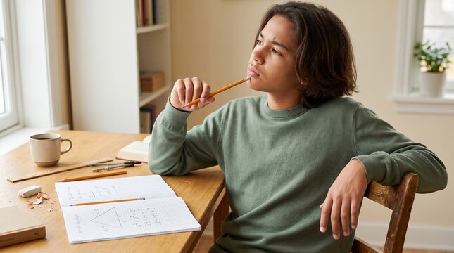 A thoughtful teen sketching in math notebook biting a pencil while solving a complex problem for exam preparation articles.