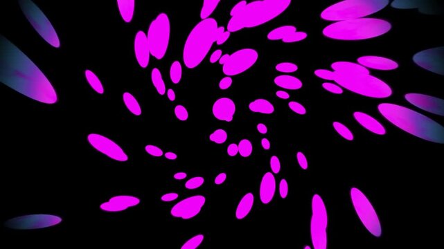 Pink particle spiral vortex loop. Abstract neon confetti flying outward background. Glowing magenta dot burst animation.