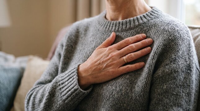 Elderly person holding chest in thoughtful contemplation at home