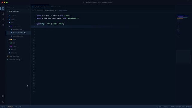 Dark software development workspace showing programming code for an analytics dashboard, with project files, metrics, components, and data visualization layout on a programmer screen.
