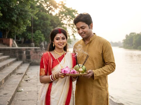Bengali couple celebrating chhath puja with traditional offerings by the river