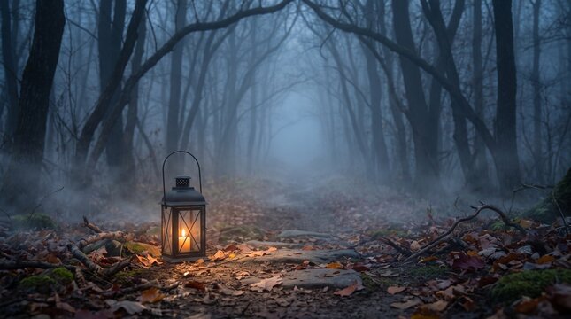 A glowing vintage lantern sitting on a leafy path during an early morning fog in silent woods for mystical journey themes.