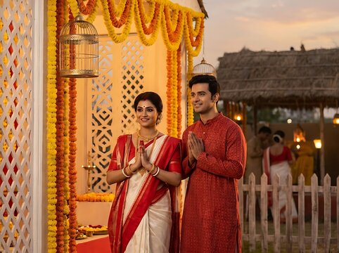 Indian couple in traditional attire performing puja ceremony at sunset