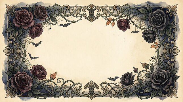 Gothic Helloween Frame with Roses and Bats for a Vintage Border Design
