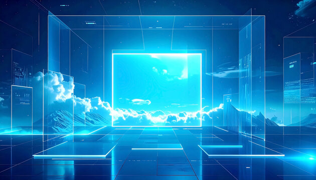 Futuristic technology-themed social media template composed of elegant translucent glass panels
