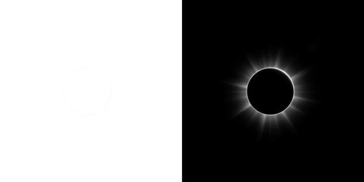 Transparent background with a realistic total solar eclipse effect showing the bright sun corona. This celestial light ring element adds a professional astronomical touch to your designs.
