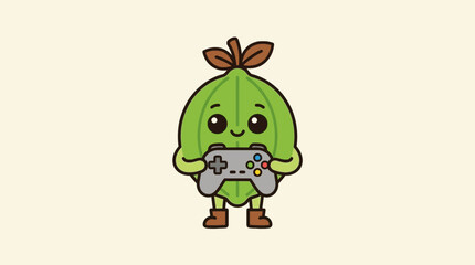 Obraz premium Cute green leaf character holding video game controller.