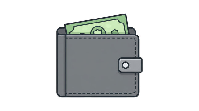 Illustration of a grey leather wallet with a green banknote inside, flat vector icon design isolated on transparent background