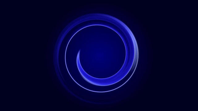 Blue glowing spiral vortex loop. Abstract neon circular swirling motion background. Futuristic rotating blue portal tunnel.