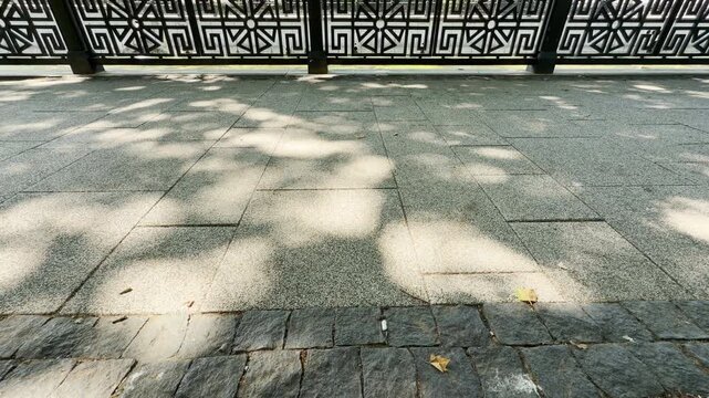 Dappled tree shadows dance across stone tiles along an ornate fence. Warm sunlight filters softly through the leafy canopy. The quiet promenade evokes a peaceful feeling of calm harmony.