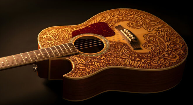 Ornate Acoustic Guitar with Intricate Wood Carvings - Musical Instrument Craftsmanship on Dark Background