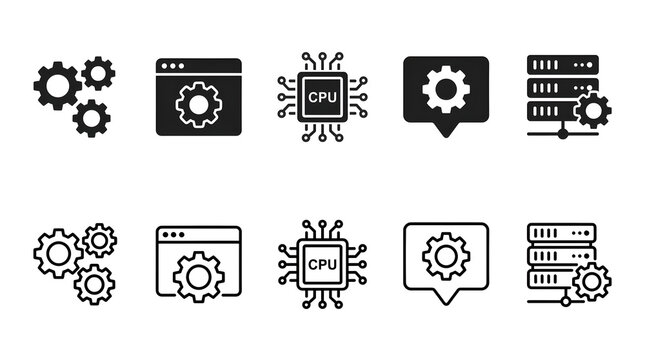 A collection of black and white icons depicting various technology settings, including gears, software windows, CPU chips, and server racks, in both solid and outline styles.