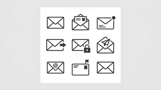 A collection of various email and message envelope icons, illustrating different states and actions related to digital communication.