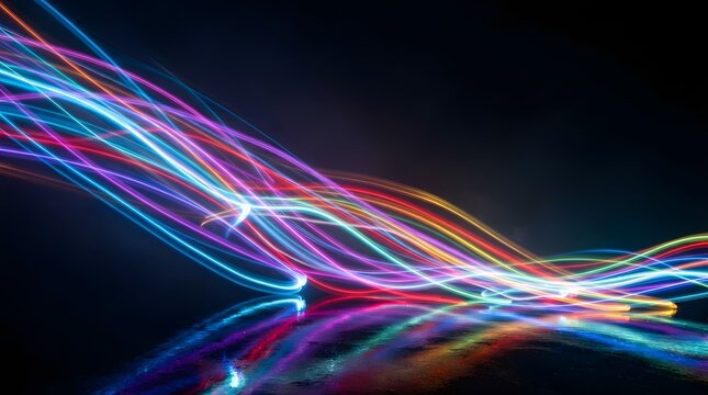 Abstract Multicolored Neon Light Trails with Dynamic Curves and Reflections on Dark Background