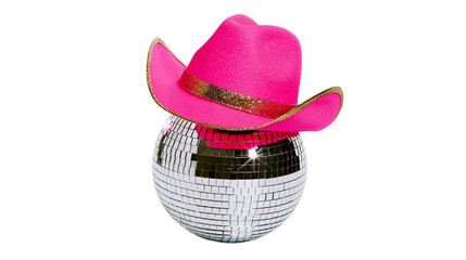 Bright pink cowgirl hat with gold band perched on a silver disco ball, isolated on transparent background