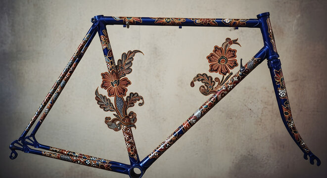 Artistic Bicycle Frame with Floral Batik Pattern and Blue Finish