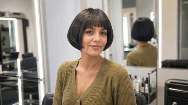 Woman with pageboy haircut in calm evening light with refined tabletop composition for stock use