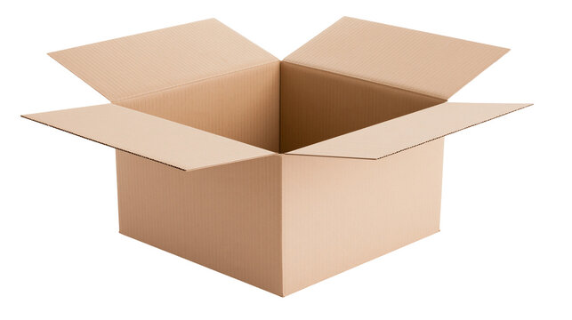 Open brown corrugated cardboard box, isolated on transparent background