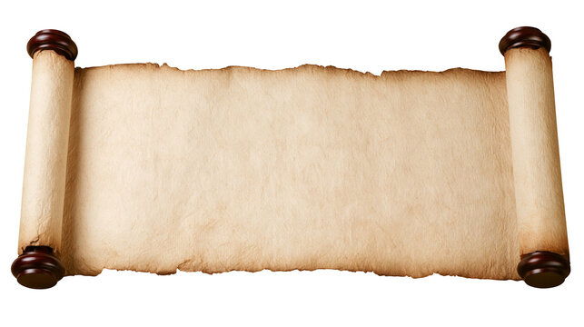 Antique parchment scroll with torn edges and dark wooden rollers, isolated on transparent background