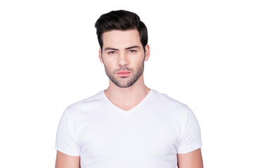 Obraz premium Portrait of perfect ideal man in white t-shirt with modern hairstyle soft smooth skin, isolated on grey background