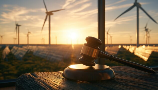 Wooden Gavel on Table with Wind Turbines in Background at Sunset.