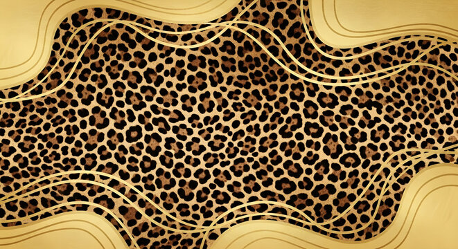 Elegant leopard print and gold abstract background with wavy lines
