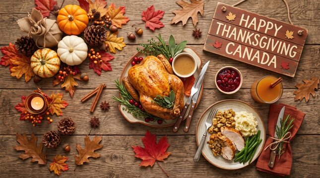 Happy Thanksgiving Canada festive dinner table setting with roast turkey, pumpkins, autumn leaves, and traditional food overhead view.